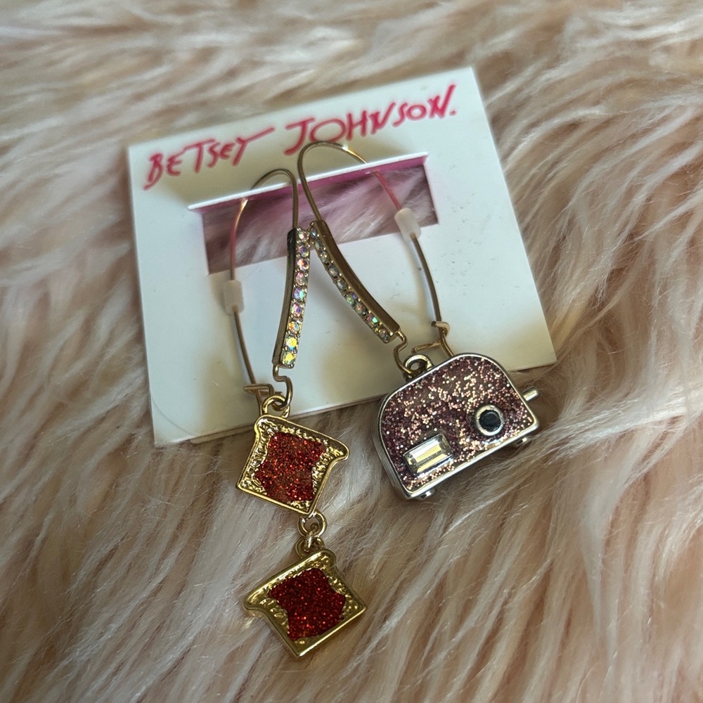 Betsey Johnson Gold Glitter Toaster & Red Toast Dangle Earrings